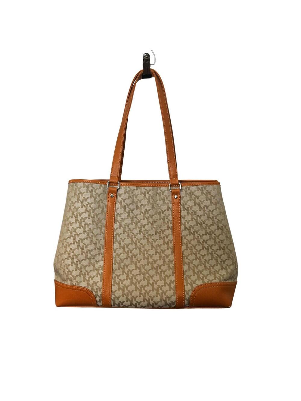 NY & Co Tan and Beige Patterned Tote Bag with Orange Leather Trim